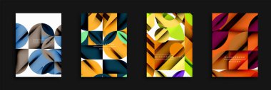 Soyut geometrik tasarımlar. Modern arka planlarda daireler, kareler, üçgenler var. Canlı renkler dinamik bileşimler oluşturur.