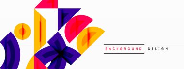 Soyut geometrik şekiller, canlı renkler, modern tasarım. Kompozisyon üst üste binen formlar, dinamik görsel etki.