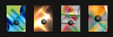 Dört soyut vektör arkaplanı. Parlak gradyanlar, geometrik şekiller, dinamik kompozisyonlar. Modern tasarım elemanları.