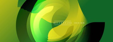 Soyut sıvı şekilleri, canlı yeşiller, sarılar dinamik bileşim oluşturur. Arkaplan ve sunumlar için modern tasarım ögesi.