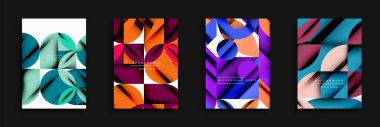 Soyut geometrik tasarımlar. Canlı renk paletleri, üst üste binen şekiller modern arka planlar yaratır. Minimalist estetik, temiz çizgiler mevcut.
