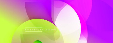 Enerjik soyut şekiller harmanlanarak düzgün gradyanlar oluşturur. Modern tasarım şeffaf katmanlar, mor, yeşil renkler kullanır.