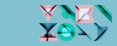 Soyut geometrik şekiller, pembe, deniz mavisi renkleri. Minimalist tasarım, katmanlı biçimler derinlik, modern estetik.