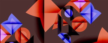 Soyut geometrik bileşim. Şekiller çakışıyor, dinamik görsel etki yaratıyor. Renkler arasında mavi, turuncu, mor, siyah.