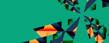 Soyut geometrik şekiller, canlı renkler baskın gelir. Teal arka planı turuncu ve donanma elementleriyle çelişiyor. Modern tasarım, keskin açılar.