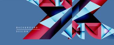 Soyut geometrik şekiller örtüşür, dinamik görsel efekt yaratır. Mavi, kırmızı, cyan renkleri kompozisyona hakim. Modern tasarım ögesi.