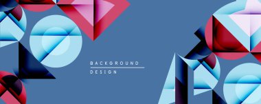 Soyut geometrik şekiller, canlı renkler, mavi arkaplan. Modern tasarım elementleri dinamik görsel bileşim oluşturur.