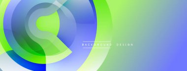 Soyut çemberler çakışıyor, canlı gradyanlar yaratıyor. Mavi, yeşil renkler tasarıma hakim. Modern estetik, temiz sunum.
