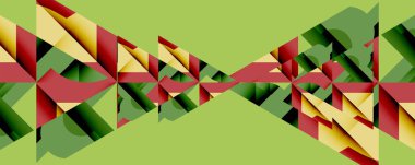 Soyut geometrik desen. Tekrarlayan üçgenler dalgalı çizgiler oluşturur. Renkler kırmızı, yeşil, sarı, siyah. Arkaplan açık yeşil.