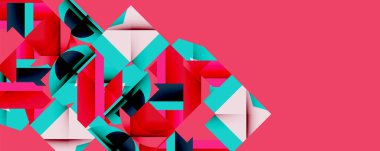 Soyut geometrik bileşim. Kırmızı, turkuaz, siyah şekiller üst üste binerek dinamik görsel doku oluşturuyor. Minimalist tasarım, modern estetik.