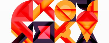 Soyut geometrik bileşim. Kalın şekiller örtüşür, dinamik görsel doku yaratır. Turuncu, kırmızı, mor renkler tasarımda baskın..