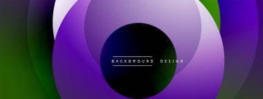 Soyut eşmerkezli çemberler. Mor, yeşil renkler harmanlanmış. Minimalist tasarım metin arkaplanı, tasarım içerir. Modern estetik.
