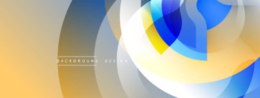 Soyut tasarım özellikleri üst üste binen daireler, gradyanlar. Renkler mavi, sarı, bej, gri. Modern estetik, pürüzsüz geçişler.