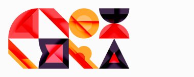 Soyut geometrik şekiller örtüşür ve canlı bir bileşim yaratır. Kırmızı, turuncu, mor renkler tasarımda baskın. Modern, minimalist estetik.