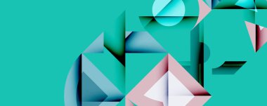 Soyut geometrik bileşim. Turkuaz, mavi, pembe şekiller üst üste binerek katmanlı görsel efekt yaratıyor. Modern tasarım elemanları.