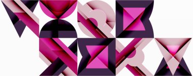 Soyut geometrik bileşim. Pembe, mor renkler tasarıma hakim. Şekiller birbirine kenetlenir, karmaşık görsel desen yaratır. Modern, minimalist estetik.