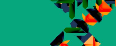 Soyut geometrik şekiller, canlı renkler kompozisyona hakim. Teal arkaplanı turuncu, koyu yeşil elementlere zıt. Modern tasarım.