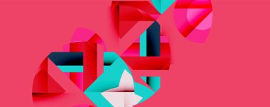 Soyut geometrik şekiller örtüşür ve canlı bir bileşim yaratır. Kırmızı, turkuaz, beyaz renkler pembe arka plana hakim. Modern tasarım elemanları.