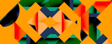 Soyut geometrik desen. Parlak renkler örtüşüyor, dinamik görsel doku oluşturuyor. Şekiller hareketi, derinliği gösteriyor..