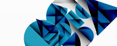 Soyut geometrik bileşim. Mavi gölgeler baskın, keskin üçgenler, kıvrımlar, katmanlar oluşturuyor. Minimalist tasarım, modern estetik.