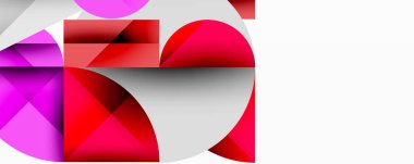 Soyut geometrik şekiller çakışıyor. Kırmızı, pembe, beyaz renkler kompozisyona hakim. Modern tasarım, temiz çizgiler görsel ilgi sunar.