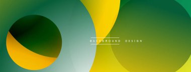 Soyut geometrik şekiller çakışıyor. Yeşil, sarı renkler tasarıma hakim. Yumuşak eğimler modern estetik yaratır. Minimalist stil.