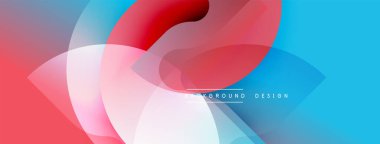 Soyut şekiller örtüşüyor, canlı renk değişimleri yaratıyor. Kırmızı, pembe, mavi renkler kompozisyona hakim. Modern tasarım ögesi.