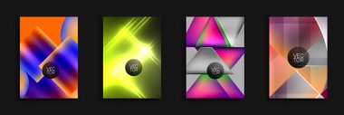 Dört canlı soyut arkaplan. Geometrik şekiller çakışıyor, dinamik görsel efektler yaratıyor. Parlak renkler tasarımlara hükmediyor. Vektör grafikleri modern estetik sunar.