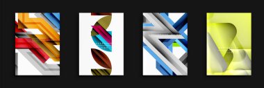 Soyut geometrik tasarımlar. Parlak renkler, katmanlı şekiller, modern estetik. Temiz çizgiler, dinamik kompozisyonlar, görsel ilgi.