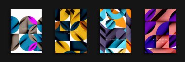 Soyut geometrik arka planlar. Üst üste binen daireler, üçgenler modern tasarımlar yaratır. Canlı renkler, gradyanlar şık görseller sunar.