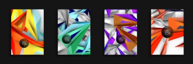 Dört enerjik soyut tasarım. Geometrik şekiller çakışıyor, dinamik görsel efektler yaratıyor. Parlak renkler her kompozisyonda baskın.