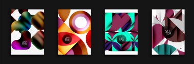 Soyut vektör tasarımları. Parlak renkler, geometrik şekiller, modern kompozisyonlar. Minimalist biçim, dinamik düzenler, mevcut gradyanlar.