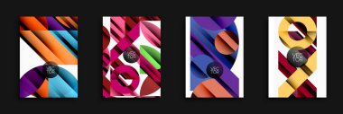 Soyut geometrik tasarımlar. Parlak renkler, üst üste binen şekiller, dinamik kompozisyonlar. Arkaplan veya el ilanları için modern vektör çizimleri.