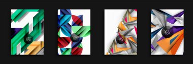 Soyut geometrik tasarımlar. Parlak renkler, keskin açılar, modern vektör çizimleri. Sunulan dört farklı kompozisyon.