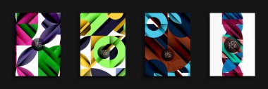 Soyut geometrik tasarımlar. Parlak renkler, katmanlı şekiller, modern tarz. Arkaplan veya posterler için vektör illüstrasyonları.
