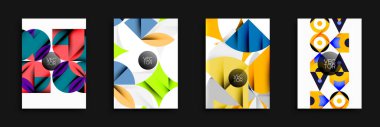 Soyut geometrik tasarımlar. Parlak renkler, şekiller örtüşüyor, vektör çizimleri, modern tarz. Minimalist kompozisyonlar, dairesel elementler.