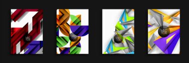Soyut geometrik tasarımlar. Parlak renkler, keskin açılar, dinamik kompozisyonlar. Arkaplan veya kapaklar için modern vektör çizimleri.