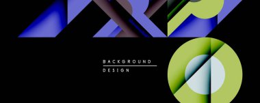 Soyut geometrik şekiller siyah arkaplana hükmediyor. Canlı renkler dinamik görsel karşıtlık yaratır, modern tasarım elementleri mevcut.