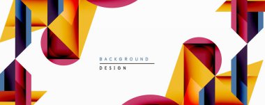 Soyut geometrik şekiller, canlı renkler, modern tasarım. Temiz beyaz alan dengeli bileşim yaratır. İdeal arkaplan ögesi.
