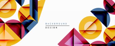 Soyut geometrik şekiller örtüşür, dinamik görsel kompozisyon yaratır. Sarı, mor, donanma egemen tasarım. Minimalist stil.