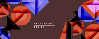 Soyut geometrik şekiller, canlı renkler, modern tasarım. Kırmızı, mavi, pembe elementler dinamik bileşim oluşturur. Minimalist stil.