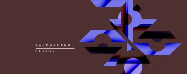 Soyut geometrik şekiller üst üste binerek katmanlı görsel efekt yaratır. Koyu kahverengi arka plan mavi elementlerle çelişiyor. Modern tasarım estetik.