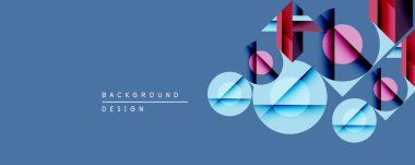 Soyut geometrik şekiller örtüşür, dinamik görsel efekt yaratır. Maviler baskın, pembe, mor renkler vurguluyor. Modern tasarım ögesi.