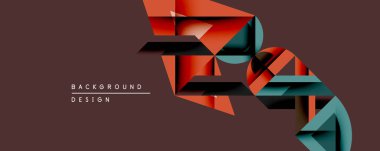 Soyut geometrik şekiller örtüşür, dinamik görsel doku oluşturur. Kırmızı, deniz mavisi, siyah elementler kahverengi arkaplan ile tezat oluşturuyor. Modern tasarım.