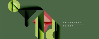 Soyut geometrik şekiller çakışıyor, derinlik yaratıyor. Yeşil, kırmızı renkler tasarımda baskın. Minimalist tarz, modern estetik.