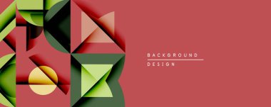 Soyut geometrik şekiller üst üste binerek modern tasarım yaratıyor. Renkler arasında yeşil, sarı, kahverengi, kırmızı var. Arkaplan pembe..