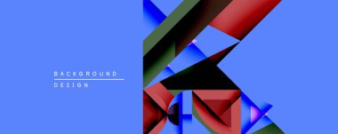 Soyut geometrik bileşim. Mavi arkaplanda kırmızı, yeşil şekiller var. Modern tasarım elementleri dinamik görsel etki yaratır.