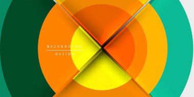 Soyut katmanlı çemberler dinamik görsel efekt yaratır. Turuncu, yeşil, sarı renkler harmanlanarak modern arka plan tasarımını oluşturuyor. Minimalist stil şekilleri, gradyanları vurgular.