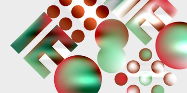 Canlı küreler, dikdörtgenler içeren soyut bir kompozisyon. Renkler, yeşiller, beyazlar dinamik görsel doku oluşturur. Modern tasarım elementleri derinlik ve hareket.