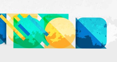 Soyut geometrik bileşim. Üst üste binen dikdörtgenler, daireler dinamik görsel efektler yaratır. Parlak renkler, dokulu yüzeyler modern tasarım ve enerjiyi akla getiriyor..